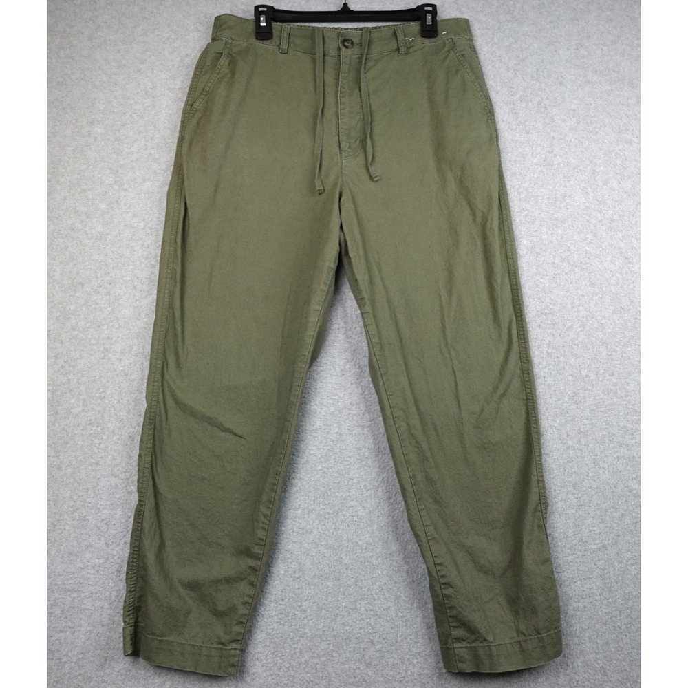 Uniqlo Linen Blend Pants Womens XL Olive Green Cotton Elastic Waist Straight Leg